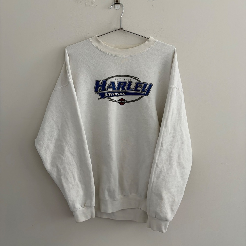 Vintage 1998 Harley Davidson Coziahr Decatur IL White Crewneck Sweatshirt Mens